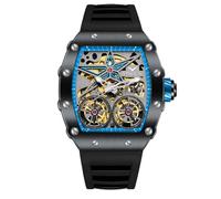 DAXIAOYU Reloj automático Tonneau de moda para hombre, vintage, doble Tourbillon, hueco, impermeable, luminoso, deportivo, reloj de pulsera mecánico, Negro Azul, Lujoso