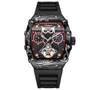 DAXIAOYU Reloj de pulsera automático con diseño de búho y esqueleto para hombre, reloj de pulsera mecánico, luminoso, fase lunar, correa de goma, relojes deportivos de negocios, negro rojo, Lujo