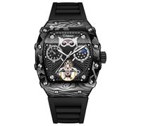 DAXIAOYU Reloj de pulsera automático con diseño de búho y esqueleto para hombre, reloj de pulsera mecánico, luminoso, fase lunar, correa de goma, relojes deportivos de negocios, Negro -, Lujo