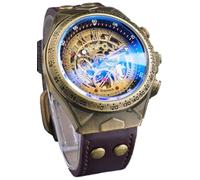 DAXIAOYU Reloj de pulsera de lujo con diseño de esqueleto steampunk para hombre, 3D, retro, con números romanos, esfera deportiva, vintage, con bisel de bronce, reloj de pulsera mecánico automático