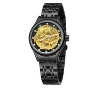 DAXIAOYU Reloj de pulsera mecánico automático dorado de lujo para mujer, hermoso reloj de pulsera de acero inoxidable con diseño de fénix, impermeable, luminoso, color negro