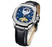 DAXIAOYU Reloj de pulsera mecánico automático para hombre, diseño de esfera octogonal, fase lunar, Tourbillon, correa de piel auténtica, reloj de pulsera para negocios, Azul plateado, Lujo