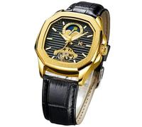 DAXIAOYU Reloj de pulsera mecánico automático para hombre, diseño de esfera octogonal, fase lunar, Tourbillon, correa de piel auténtica, reloj de pulsera para negocios
