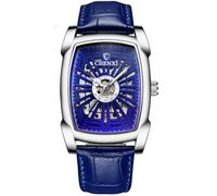 DAXIAOYU Reloj de pulsera para hombre de lujo, esfera cuadrada, automático, mecánico, de piel, con diseño hueco tallado, luminoso, resistente al agua, Tourbillon, Azul plateado, Negocios