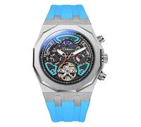 DAXIAOYU Reloj deportivo Tourbillon mecánico automático para hombre, esfera multifunción, fase lunar, fecha, fecha, caja de acero inoxidable, correa de goma, relojes luminosos, Azul, Lujoso