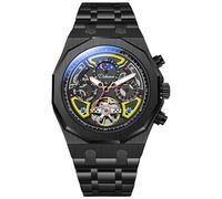 DAXIAOYU Reloj deportivo Tourbillon mecánico automático para hombre, esfera multifunción, fase lunar, fecha, fecha, caja de acero inoxidable, correa de goma, relojes luminosos, Negro Amarillo, Lujoso