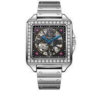DAXIAOYU Reloj mecánico automático con incrustaciones de diamantes cuadrados para hombre, esfera hueca, lujoso reloj de pulsera impermeable para negocios, Plateado negro, Lujo