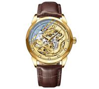 DAXIAOYU Reloj mecánico automático de acero inoxidable con patrón de dragón en relieve 3D para hombre, relojes de lujo de negocios de cultura y arte de nación china, Dorado marrón, Lujoso