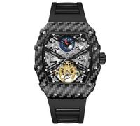DAXIAOYU Reloj mecánico automático de esqueleto negro para hombre, reloj de pulsera Tourbillon hueco vintage, esfera Tonneau, correa de silicona, Negro -, Lujo