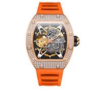 DAXIAOYU Reloj mecánico automático de lujo con diamantes completos para hombre, esfera hueca y correa de silicona impermeable, anaranjado (Orange Rose), Lujo