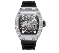 DAXIAOYU Reloj mecánico automático de lujo con diamantes completos para hombre, esfera hueca y correa de silicona impermeable, Negro-Plata, Lujo