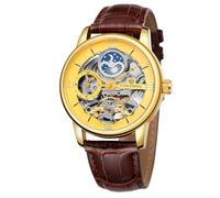 DAXIAOYU Reloj mecánico automático Tourbillon de doble zona horaria para hombre, impermeable, fase lunar, correa de piel auténtica, reloj mecánico automático, Oro, Negocios