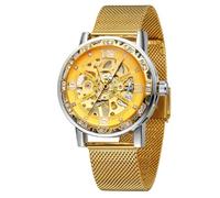 DAXIAOYU Reloj mecánico con diseño de esqueleto dorado y diamantes para hombre, correa de malla de acero inoxidable, reloj deportivo y de negocios, Oro, Negocios