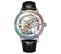 DAXIAOYU Reloj mecánico totalmente automático de diseño único para hombre, bisel envolvente de piedras preciosas de colores, reloj de pulsera hueco de esqueleto, impermeable, luminoso, de acero