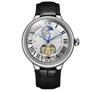 DAXIAOYU Reloj mecánico totalmente automático para hombre, fase lunar estrellada y tourbillon hueco, corona de zafiro, reloj luminoso de acero inoxidable impermeable, Cuero negro plateado, Lujoso