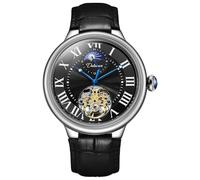 DAXIAOYU Reloj mecánico totalmente automático para hombre, fase lunar estrellada y tourbillon hueco, corona de zafiro, reloj luminoso de acero inoxidable impermeable, Cuero negro, Lujo