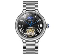 DAXIAOYU Reloj mecánico totalmente automático para hombre, fase lunar estrellada y tourbillon hueco, corona de zafiro, reloj luminoso de acero inoxidable impermeable, PlataNegro, Lujoso