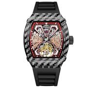 DAXIAOYU Tonneau - Reloj de pulsera para hombre, diseño de caja hueca Tourbillon, reloj mecánico automático de lujo, esfera grande, impermeable, correa de goma, negro rojo, Lujo