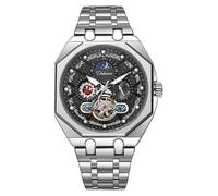DAXIAOYU Unique Octagon - Reloj mecánico automático multifuncional para hombre, con fase lunar hueca, relojes de negocios, luminoso, impermeable, reloj de pulsera deportivo, Plateado negro, Lujo