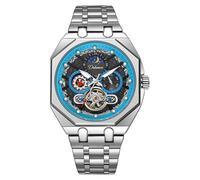 DAXIAOYU Unique Octagon - Reloj mecánico automático multifuncional para hombre, con fase lunar hueca, relojes de negocios, luminoso, impermeable, reloj de pulsera deportivo, Azul plateado, Lujo