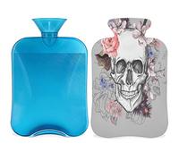 Day of The Dead Botella de agua caliente con funda esponjosa, bolsa de agua caliente de gran capacidad de 2 litros, bolsa de agua con estampado de calavera de azúcar para noches acogedoras, alivio del dolor, espalda, cuello y hombros