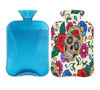 Day of The Dead - Botella de agua caliente con funda esponjosa, bolsa de agua caliente de gran capacidad de 2 litros, bolsa de agua con flores de calavera de azúcar para noches acogedoras, alivio del dolor, espalda, cuello y hombros
