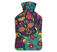 Day of The Dead - Botella de agua de goma con diseño de calavera de gato con funda de felpa suave, bolsa de agua caliente para invierno, manos y pies, protección contra el frío, 1000 ml