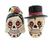 Day of the Dead Bride and Groom Skulls Ceramic Salt and Pepper Shakers by Pacific Trading