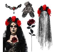 Day of the Dead Costume Set - Women's Gothic Bride Costume | Deads Costumes Headband and Halloween Face Carnival Veil Face Day of the Dead Hair Accessories