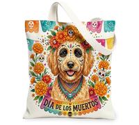 Day of the Dead Golden Doodle Dog Bolsa de lona para ir de compras de 13 x 15 pulgadas, bolsa de comestibles reutilizable con diseño de calavera floral para mujeres, bonito patrón de viaje, decoración