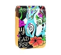 Day of the Dead Horse - Estuche portátil para pintalabios para viajes, mini caja de almacenamiento de lápiz labial con espejo para mujeres y mujeres, bolsa de cosméticos de cuero, Varios colores, 9.5x2x7 cm/3.7x0.8x2.7 in
