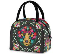 Day Of The Dead Mexico Sugar Skull Guitar Lunch Tote Bag con bolsillo frontal Reutilizable Aislamiento térmico Cierre de cremallera Cooler Container Bag para la escuela Trabajo Picnic Viajes Pesca Pla