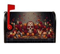 Day of The Dead Sugar Skull Art - Cubiertas magnéticas para buzón de correo | Flores de caléndula, cubierta para buzón, rosas rojas, arte, decoración de buzón al aire libre, tema cultural