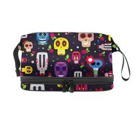 Day of The Dead Sugar Skulls - Neceser de doble capa para mujeres y niñas, neceser de viaje, bolsa organizadora de maquillaje con compartimento para brochas, multicolor, 27x15x14 cm/10.6x5.9x5.5 in,