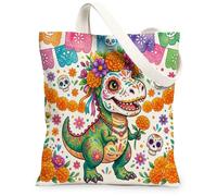 Day of the Dead Tyrannosaurus Rex - Bolsa de lona para compras, 13 x 15 pulgadas, diseño de calavera floral, reutilizable, para mujer, bonita decoración de regalo