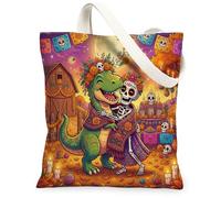 Day of the Dead Tyrannosaurus Rex - Bolsa de lona para compras, 13 x 15 pulgadas, divertida bolsa de comestibles reutilizable para mujer, diseño de viaje de granja, decoración de regalo