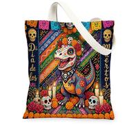 Day of the Dead Tyrannosaurus Rex - Bolsa de lona para ir de compras, 13 x 15 pulgadas, bolsa de comestibles reutilizable con diseño de calavera de flores para mujeres, trabajo gótico, viajes, pintura
