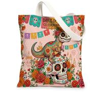 Day of the Dead Tyrannosaurus Rex - Bolsa de lona para ir de compras, 13 x 15 pulgadas, bolsa de moda reutilizable con diseño de calavera para mujer, diseño bohemio de viaje, decoración de regalo