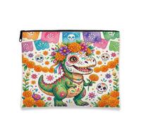 Day of the Dead Tyrannosaurus Rex - Bolsa de maquillaje para mujer, diseño de calavera floral, bolsa de viaje para mujeres, organizador portátil de lona con cremallera, bonita bolsa de aseo de 7 x 9