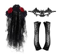 Day of the Dead Veil Set - Accesorios de disfraces, traje de maquillaje facial, trajes de pintura para la cara del cráneo, casco de encaje gótico | Para adultos Halloween Celebration St