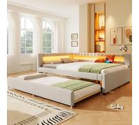 Daybed, diván, sofá Cama, 140 * 200cm, Cama con Tira de luz LED con Control Remoto a los pies de la Cama, Cama con Cama Nido (colchón no Incluido), USB + Type-C, Ropa de Beige