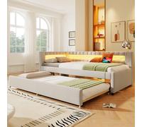 Daybed,diván,sofá Cama,90 * 200cm,Cama con Tira de luz LED con Control Remoto a los pies de la Cama, Cama con Cama Nido(colchón no Incluido),USB+Type-C,Ropa de Beige