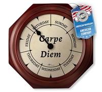 DayClocks Classic Carpe Diem Reloj - Día de la Semana - Reloj de día a día con marcadores de mediodía y Medianoche - 9.5 Pulgadas Caoba Reloj de Pared
