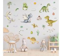 Dayker Adhesivos decorativos de dinosaurios, pegatinas de dinosaurios en acuarela, decoración mural adhesiva con plantas, volcanes y cuevas, papel pintado de dibujos animados para habitaciones