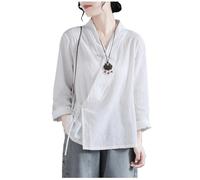 DAYKET Blusas de Manga Larga para Mujer, Traje Tradicional Chino Tang, Camisa Holgada Hanfu, Ropa de té Zen, Blusas Elegantes,White-XL