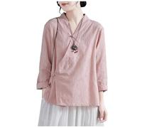 DAYKET Blusas de Manga Larga para Mujer, Traje Tradicional Chino Tang, Camisa Holgada Hanfu, Ropa de té Zen, Blusas Elegantes,Pink-L