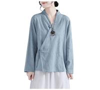 DAYKET Blusas de Manga Larga para Mujer, Traje Tradicional Chino Tang, Camisa Holgada Hanfu, Ropa de té Zen, Blusas Elegantes,Blue-XL