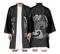 DAYKET Cárdigan Tipo Kimono japonés para Hombre, Chaqueta Tipo cárdigan Informal, Ligera, de Manga 3/4, de Talla Grande, con Estampado y Abrigo Abierto al Frente,Black-6XL