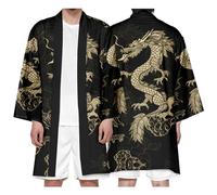 DAYKET Cárdigan Tipo Kimono japonés para Hombre, Kimono Haori con Estampado de dragón, Talla Grande, Abrigo Abierto por Delante, Bata de baño para Primavera y Verano,Black-L