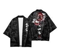 DAYKET Cárdigan Tipo Kimono para Hombre Pantalones de Pierna Ancha Ropa de Calle a La Moda con Dragón Bata Tipo Kimono Japonés Pantalones Traje Informal Haori Tradicional,Top-M